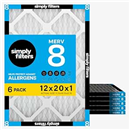 Simply 12x20x1 Air Filter, MERV 8, 6 Pack, For Home AC Furnace & HVAC (Actual Size: 11.75"x19.75"x0.75") DUST, Pet, & Allergy Control