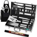 26pcs Grilling Gifts for Men, Dad Gifts for Father's Day, Stainless Steel BBQ Grill Accessories Tools Set, Heavy Duty BBQ Utensils Kit with Apron, Thermometer, Mats in Aluminum Case Silver
