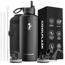 Insulated Water Bottle 87 oz with Straw & Spout Lid, Coolflask Large Water Flask Wide Mouth, Sweat-Proof BPA-Free Keep Cold for 48 Hrs or Hot for 24 Hrs, Magic Black