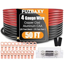 4 Gauge Wire (25 Feet Black+25 Feet Red) Copper Clad Aluminum CCA - Primary Automotive Wire Power/Ground,20PCS Lugs Terminal Connectors,20PCS Heat Shrink Tubing with 100A ANL Fuse