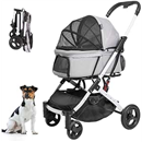 Dog Stroller Pet Stroller for Small Medium Dogs & Cats, 4-Wheel Cat Stroller, Foldable Dog Stroller with Suspension System/Link Brake, Max.44 LBS grey