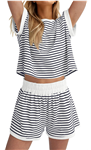 MISSACTIVER 2 Piece Lounge Set Women Stripe Knit Short Sleeve Tee Shirts Shorts Casual Summer Loungewear Shorts Sets