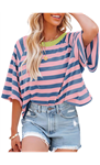 Dokotoo Tops for Women Striped 2026 Fashion T Shirts for Women Color Block Crewneck Design Loose Basic Tee