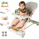 CuddoBaby Baby Bouncer 4-in-1 with Wheels, Detachable Piano, Feeding Tray, Play Bar, Thick Base. 3-Level Incline Portable Seat for Infant to Toddler 0-6, 0-12, 12-24 Months, Upto 29Lbs. Unisex - Pink