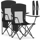 SONGMICS 2 Pack Breathable Camping Chairs, 330 lb Capacity Foldable Outdoor Chairs, High Back, Adjustable Armrests & Cup Holder, for Sports Garden Backyard, Ink Black UGCB028B02