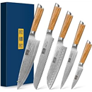 HOSHANHO 5 Pieces Kitchen Knife Sets, Ultra Sharp Professional Damascus Super Steel Chef Knives Sets with Ergonomic Olive Wood Handle, Including Chef, Bread, Santoku, Utility & Paring Knives