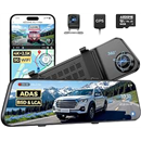 AZDOME 12" 4K+2.5K Rearview Mirror Dash Cam with ADAS, 64GB Card Included