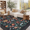 GarveeHome Washable Rug 8x10 Area Rugs for Living Room, Floral Rug for Bedroom, Soft Vintage Non Slip Throw Rugs with Rubber Back, Low Pile Stain Resistant Boho Floral Carpet for Dining Room, Black