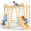 BlueWood Upgraded Indoor Playground 9-in-1 Jungle Gym Kids Climbing Toys, Waldorf Style Wooden Climber Playset with Slide, Swing, Monkey Bars, Upright/Rope Ladder, Climb Net, Natural Wood