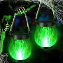 iBaycon 2 Pack Gen2 Solar Lantern Lights USB Halloween Flame Lamp, Green | Solar Garden Lights with Dual Charging USB & Solar, 2 Modes Outdoor Waterproof Hanging Lantern for Home Halloween Decor