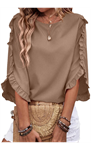 EVALESS 3/4 Length Sleeve Womens Tops Dressy Casual Blouses Crewneck Ruffle Sleeve Shirts Spring Outfits Business Work Tops