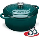 Overmont Enameled Cast Iron Dutch Oven - Lid Cookbook 5.5QT Darkcyan