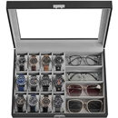 SONGMICS 12-Watch and 4-Sunglasses Box, Watch Organizer with Glass Lid