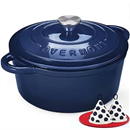 Overmont Enameled Cast Iron Dutch Oven - Lid Cookbook 5.5QT Indigo Blue